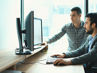 Young professionals looking at a computer
