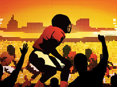 Illustration of people cheering in front of giant screen showing school football game