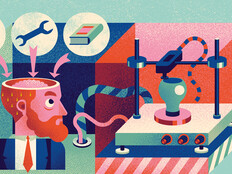 Illusration showing many components of a makerspace thought process and a 3D printer